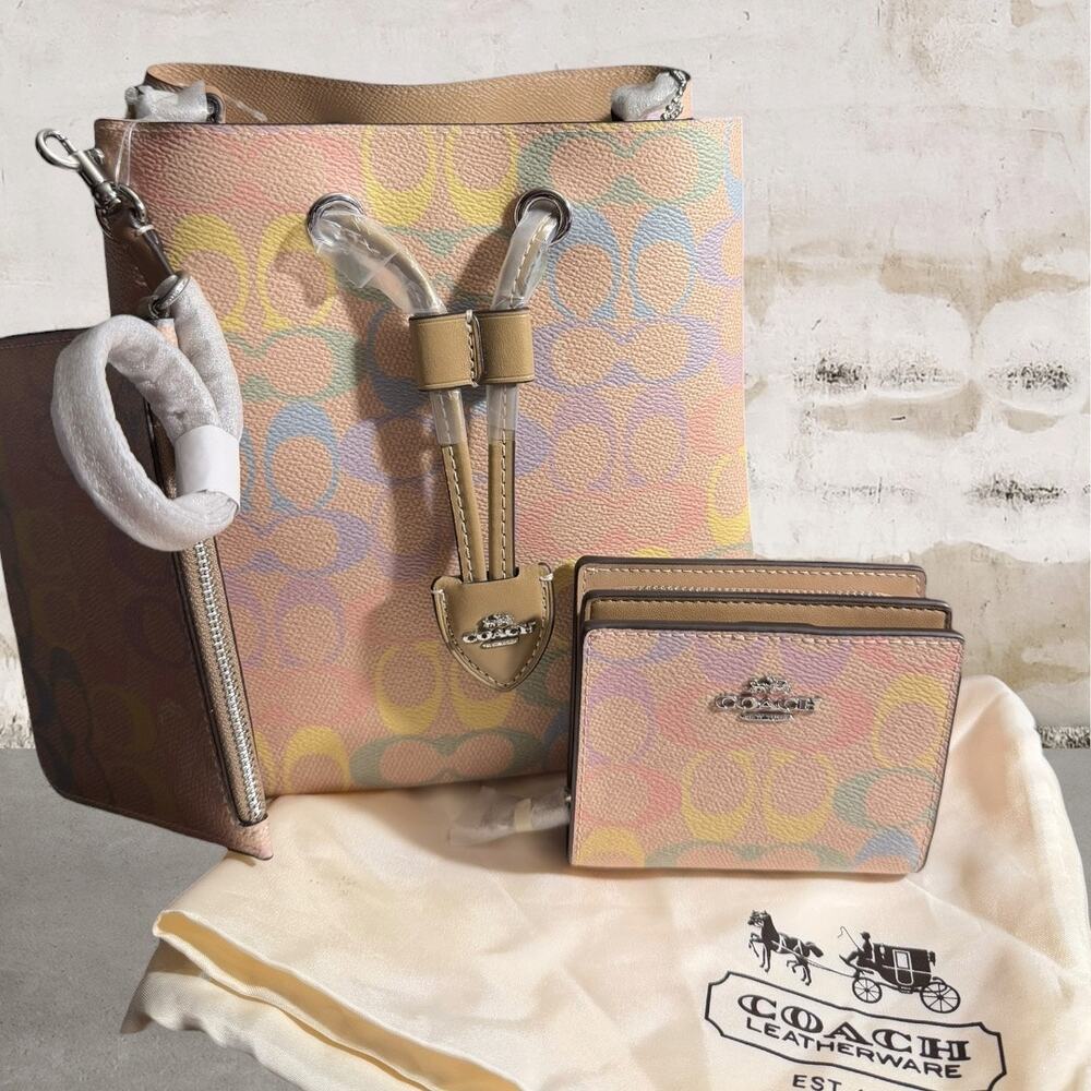 Coach $576 Rowan Bucket Bag Set in Rainbow Signature Canvas NWT